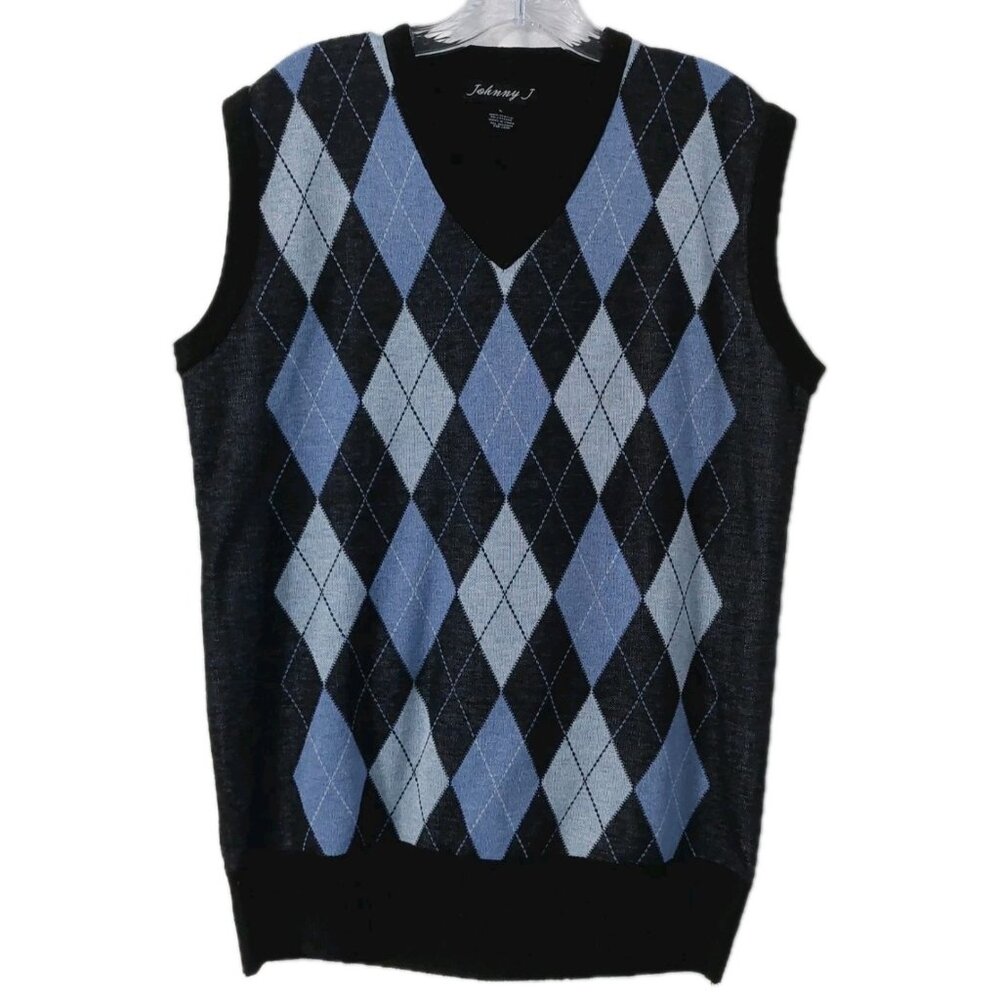 Johnny J Mens Sweater Vest Size Large Blue Black Argyle V Neck